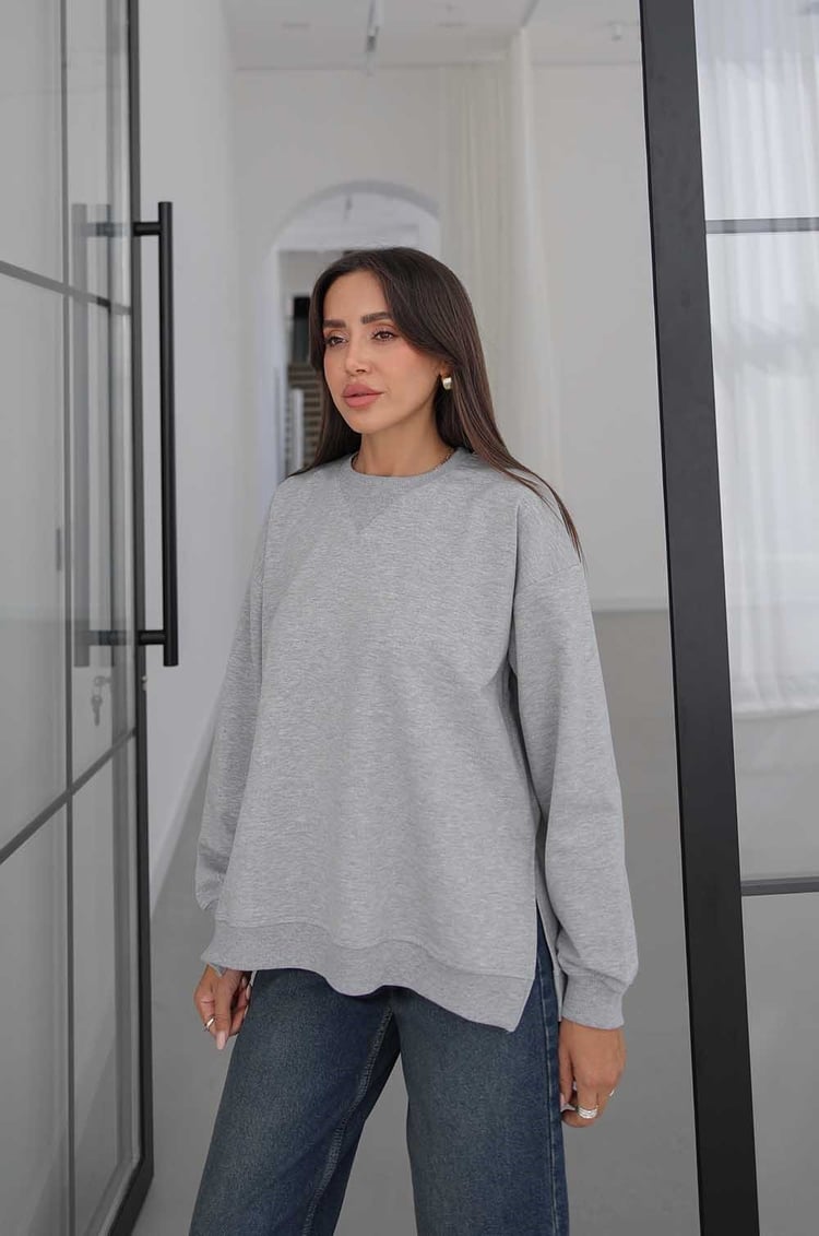 Gri Yanları Yırtmaçlı Oversize Sweatshirt