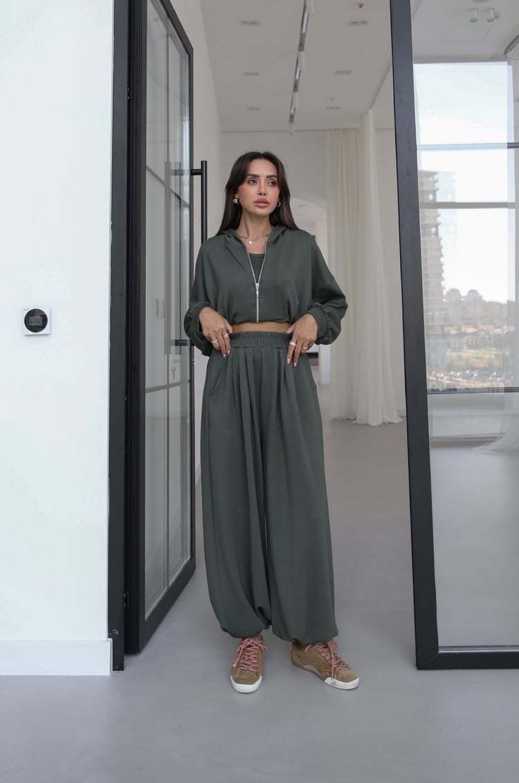 Haki İp Büzgülü Sweat Atlet Pantolon Takım