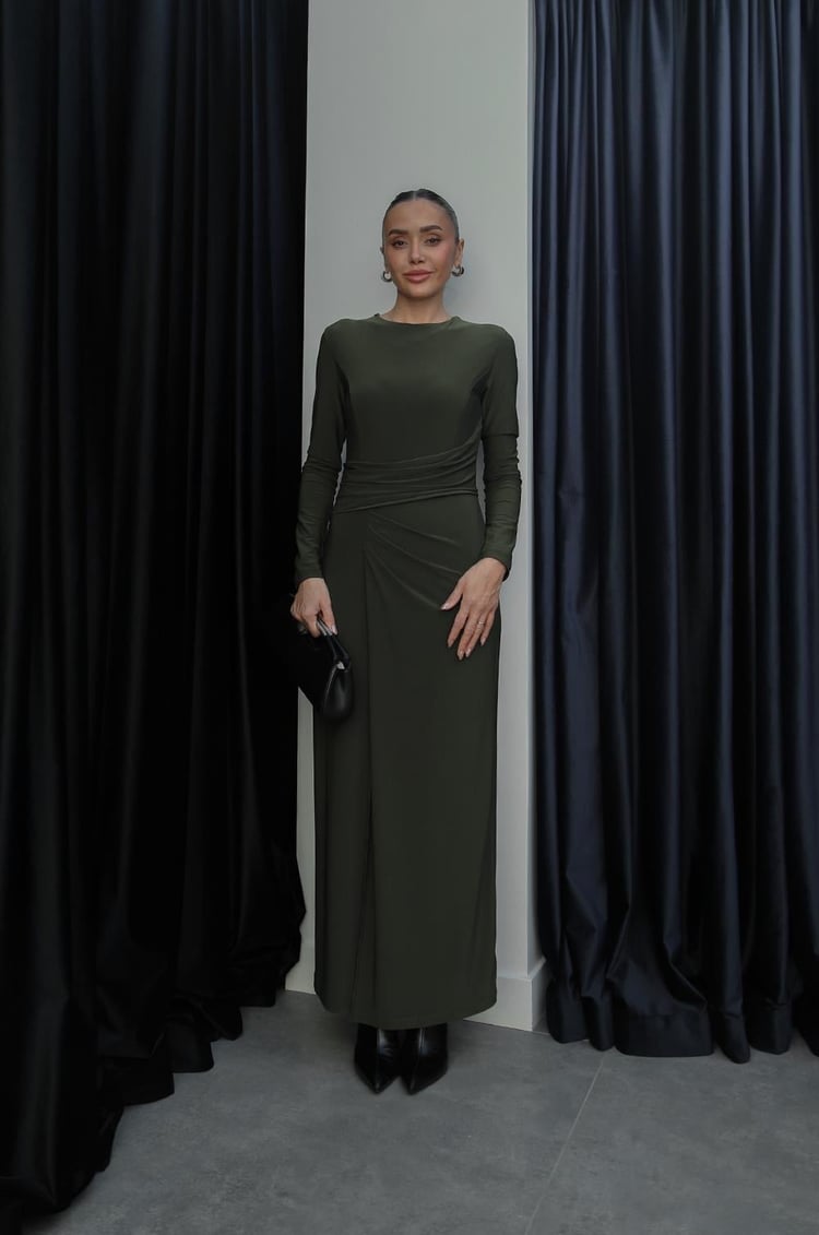 Haki Ön Drape Detaylı Yırtmaçlı Elbise