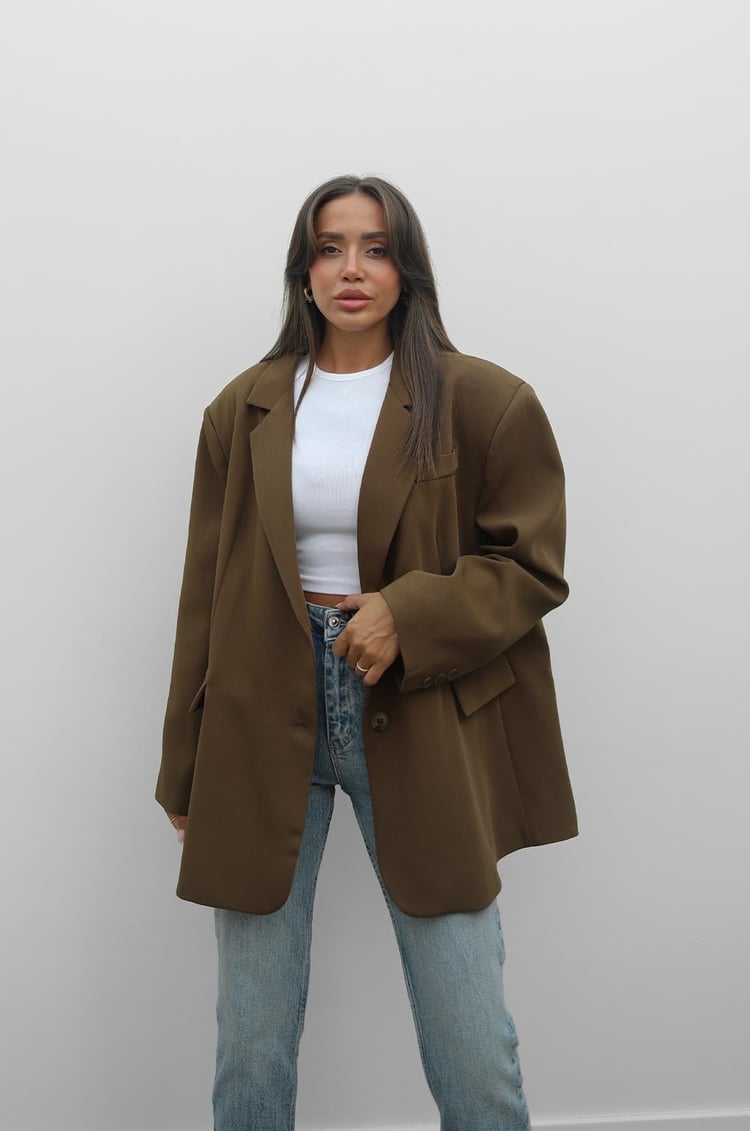 Haki Süs Cepli Oversize Blazer Ceket