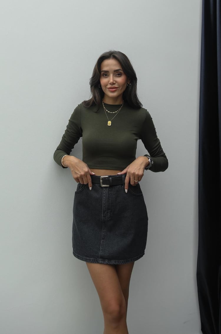 Haki Uzun Kollu Crop Top