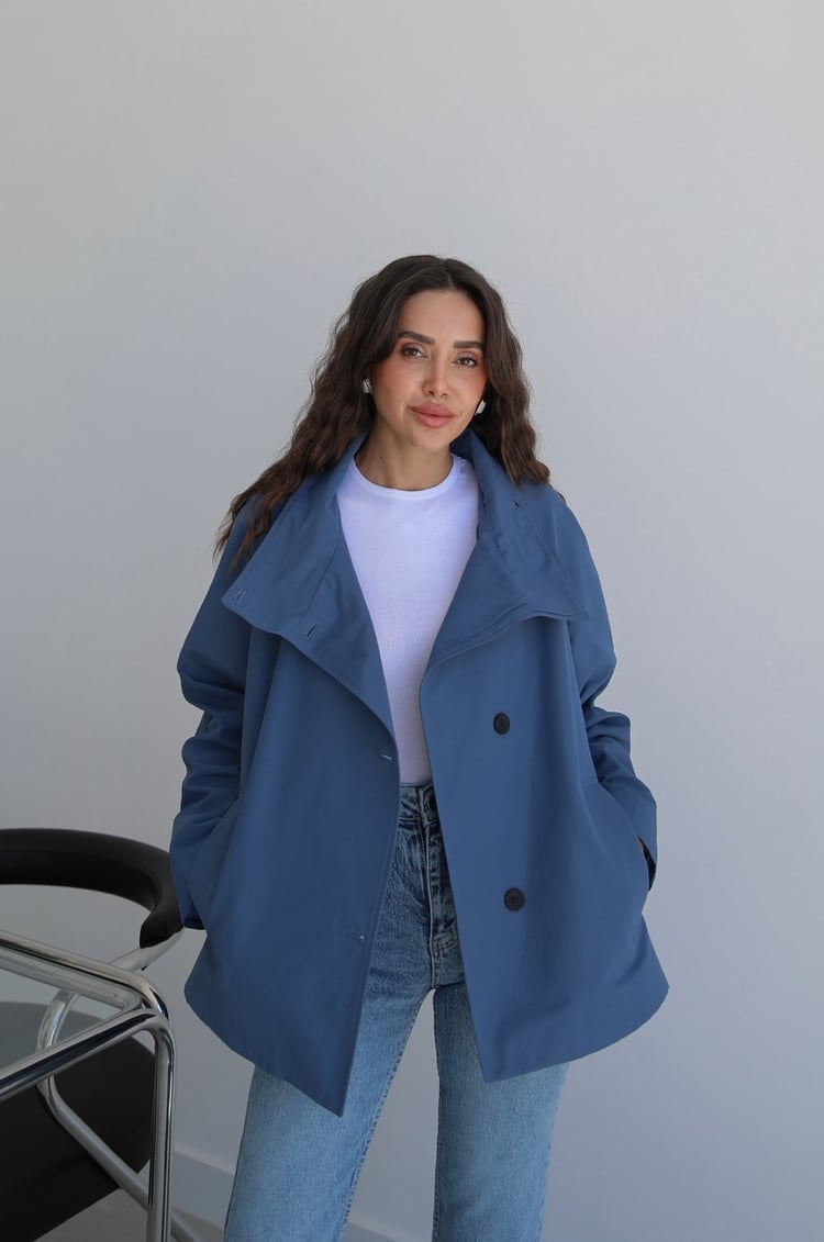 İndigo Düğmeli Oversize Trençkot