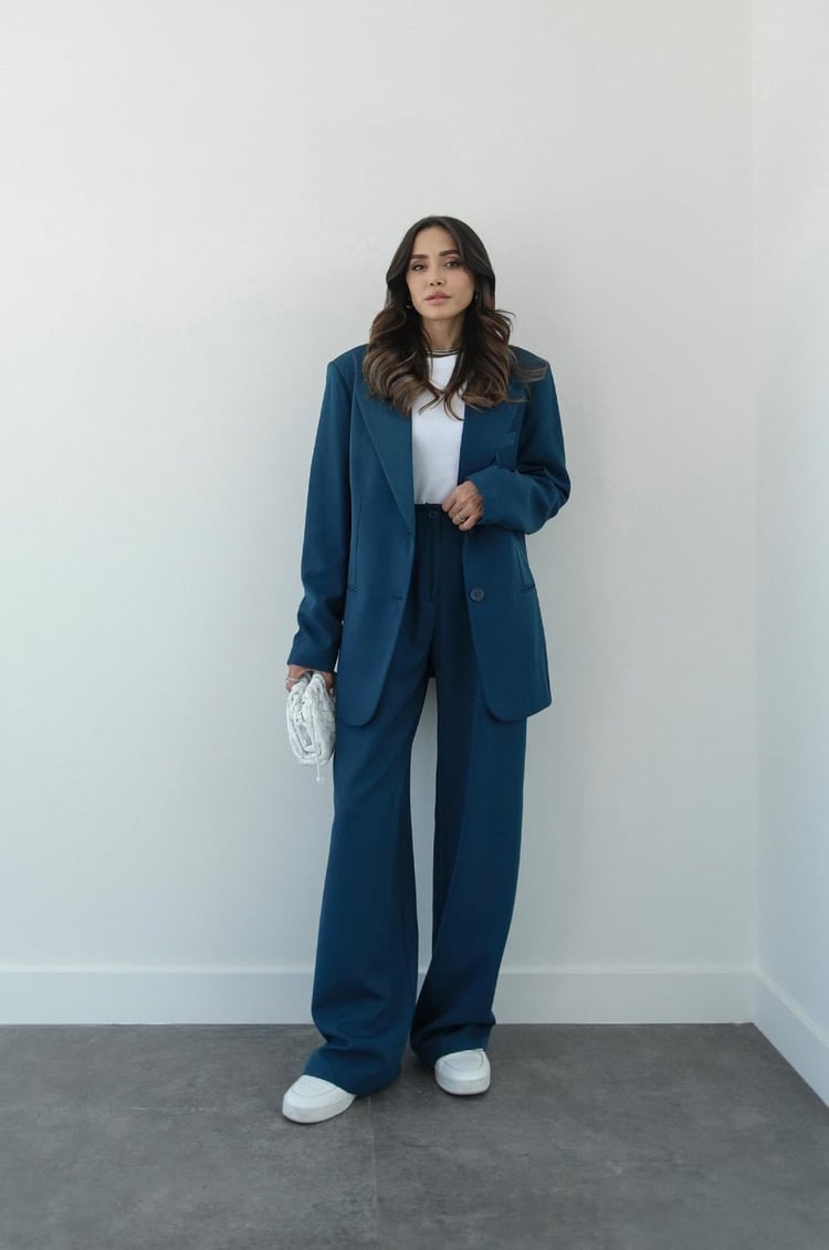 İndigo Palazzo Pantolon Blazer Takım