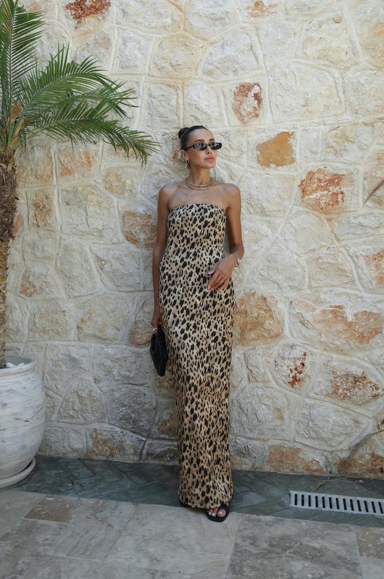 Jana Leopar Desenli Straplez Elbise