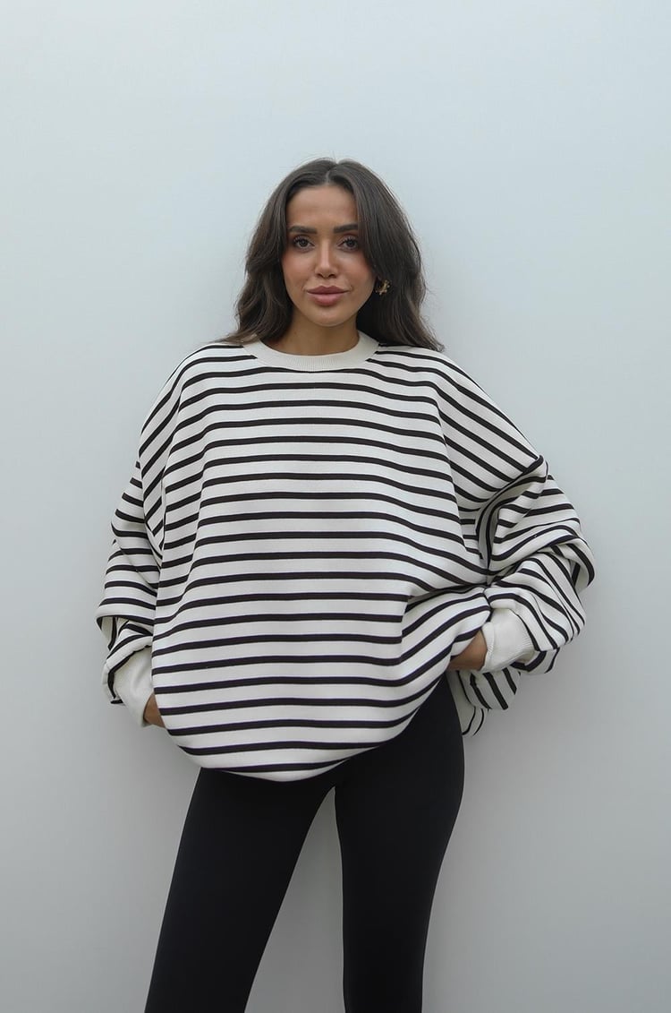 Kahve Çizgili Şardonlu Oversize Sweatshirt