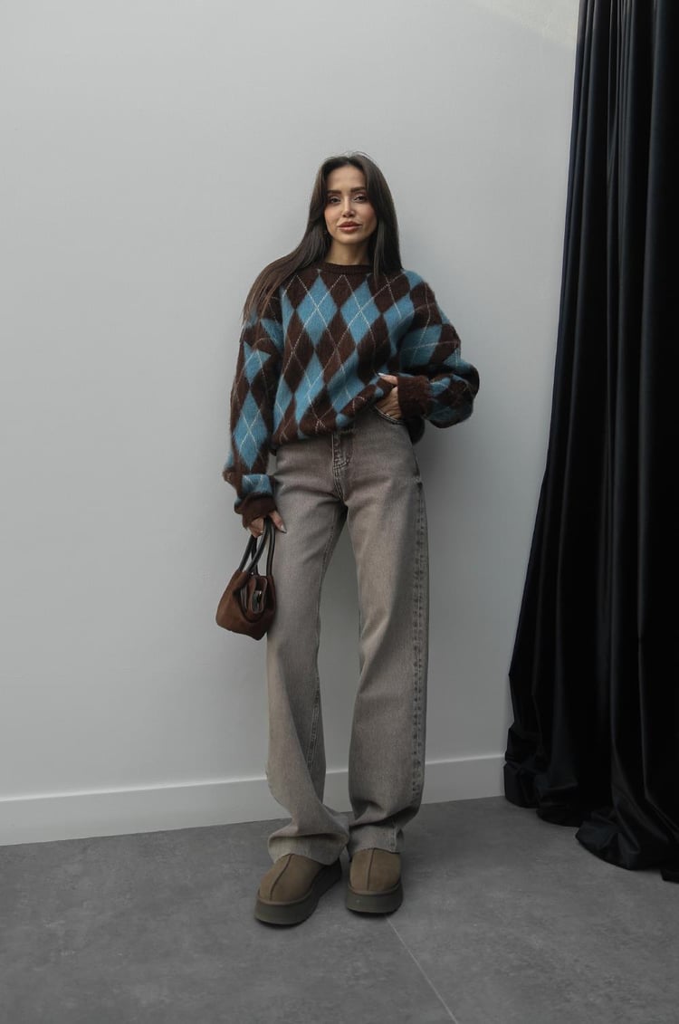 Kahve Kar Yıkamalı Wide Leg Jean