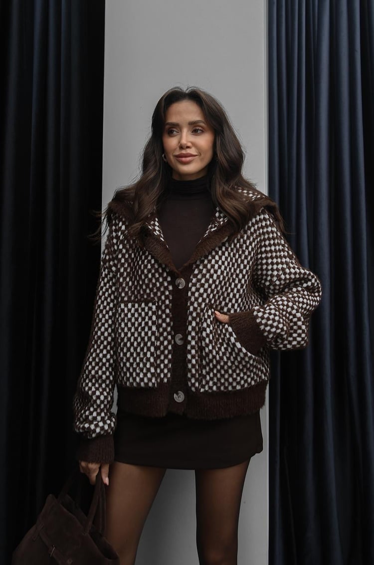 Kahverengi Checkerboard Cepli Hırka