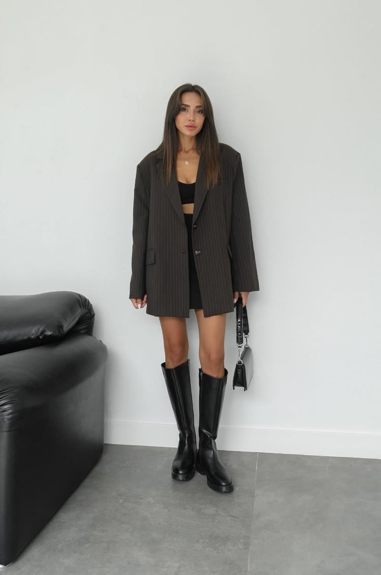 Kahverengi Çizgili Oversize Blazer Ceket