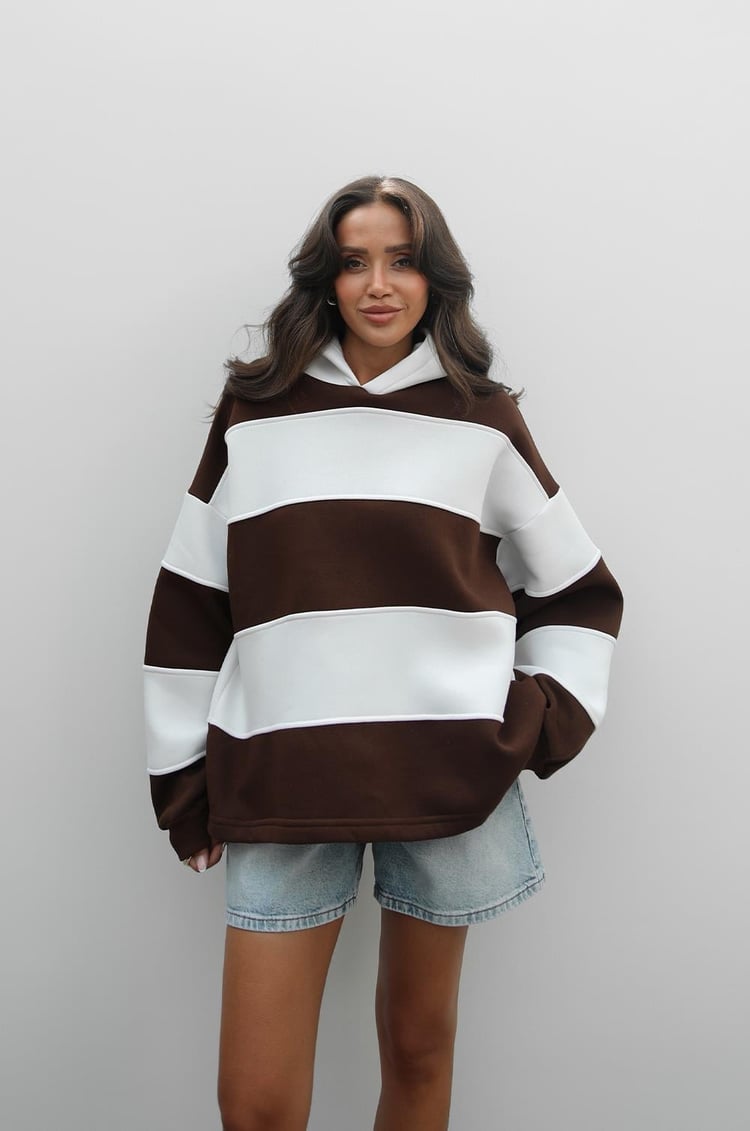 Kahverengi Kalın Çizgili Şardonlu Sweatshirt