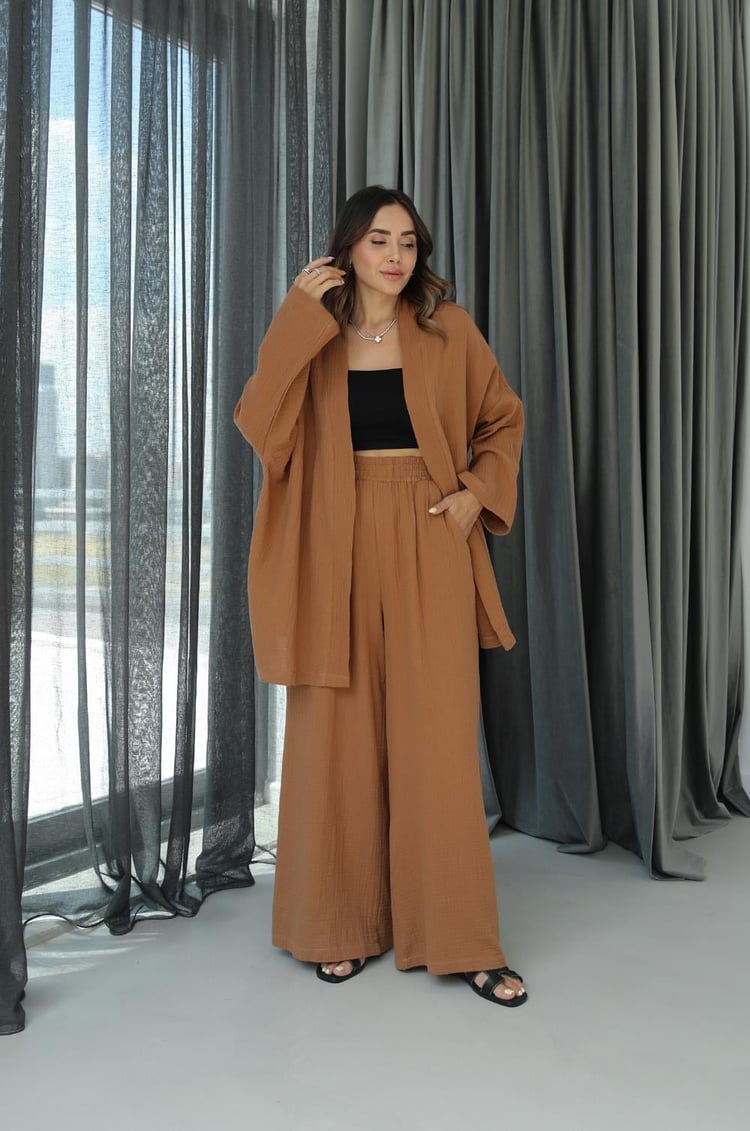 Kahverengi Kuşaklı Kimono Pantolon Takım