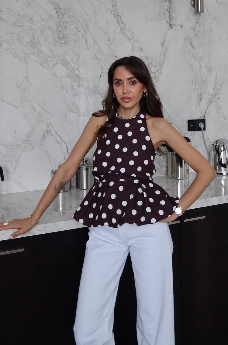 Kahverengi Lelia Puantiye Desenli Peplum Bluz