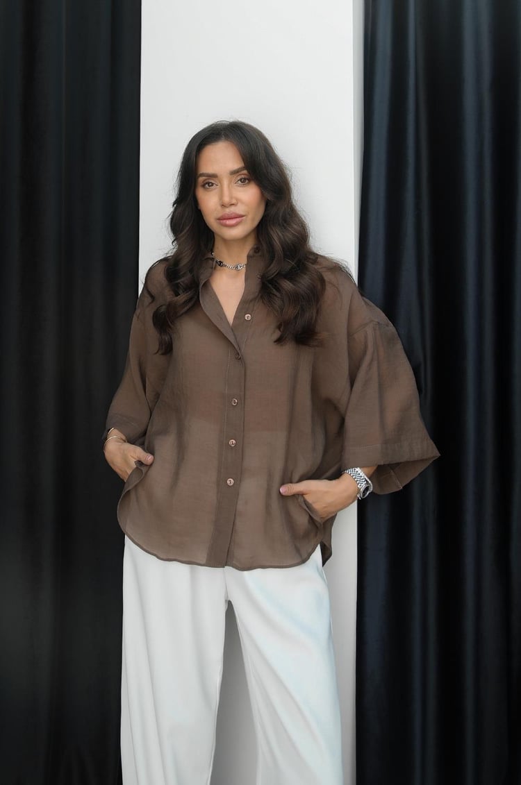 Kahverengi Liyosel Karışımlı Oversize Gömlek