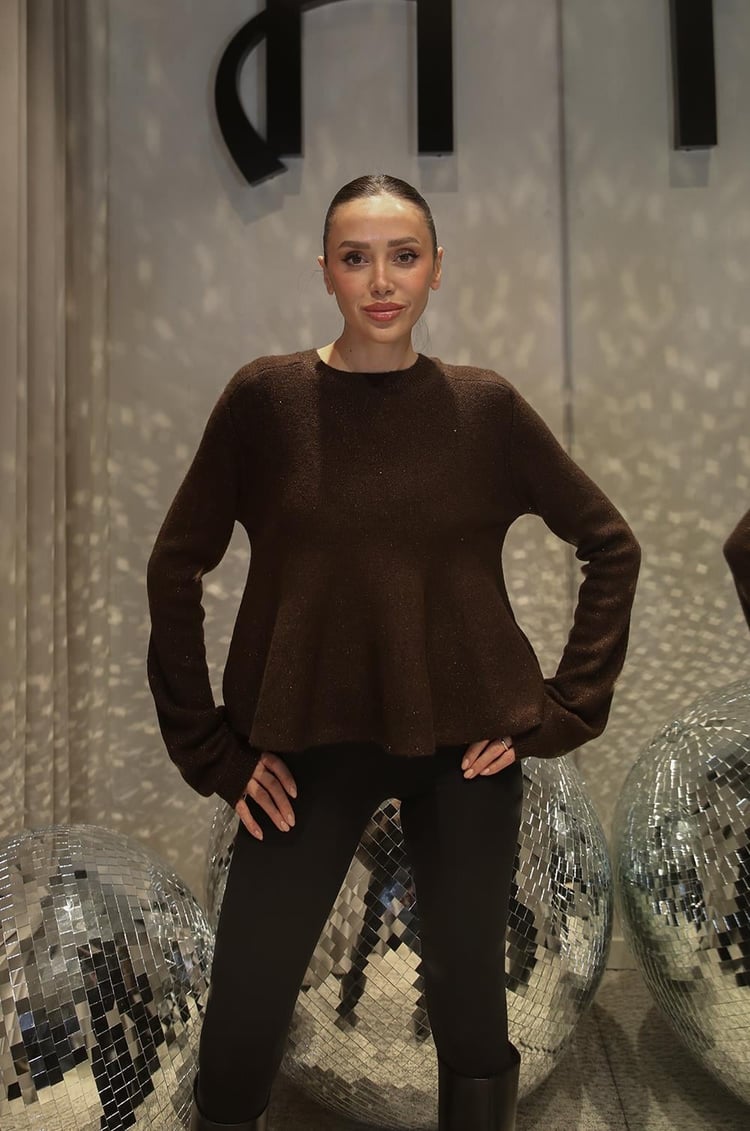 Kahverengi Peplum Pullu Simli Kazak
