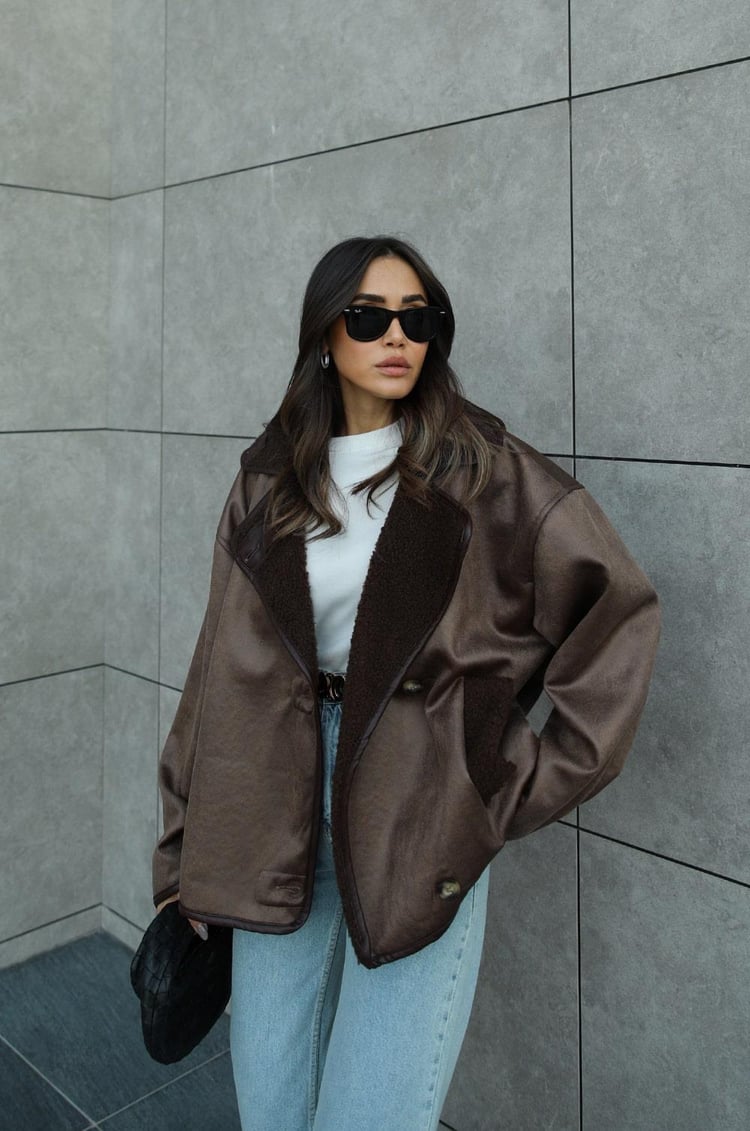 Kahverengi Relaxed Fit Kürklü Deri Ceket