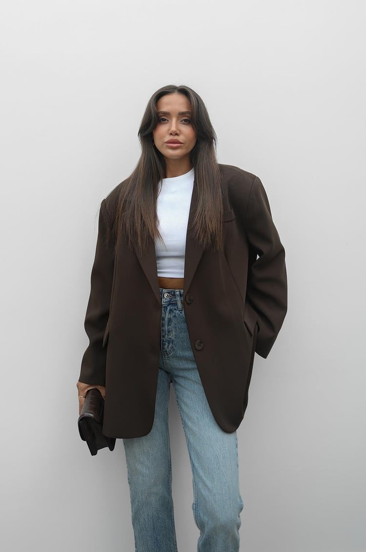 Kahverengi Süs Cepli Oversize Blazer Ceket
