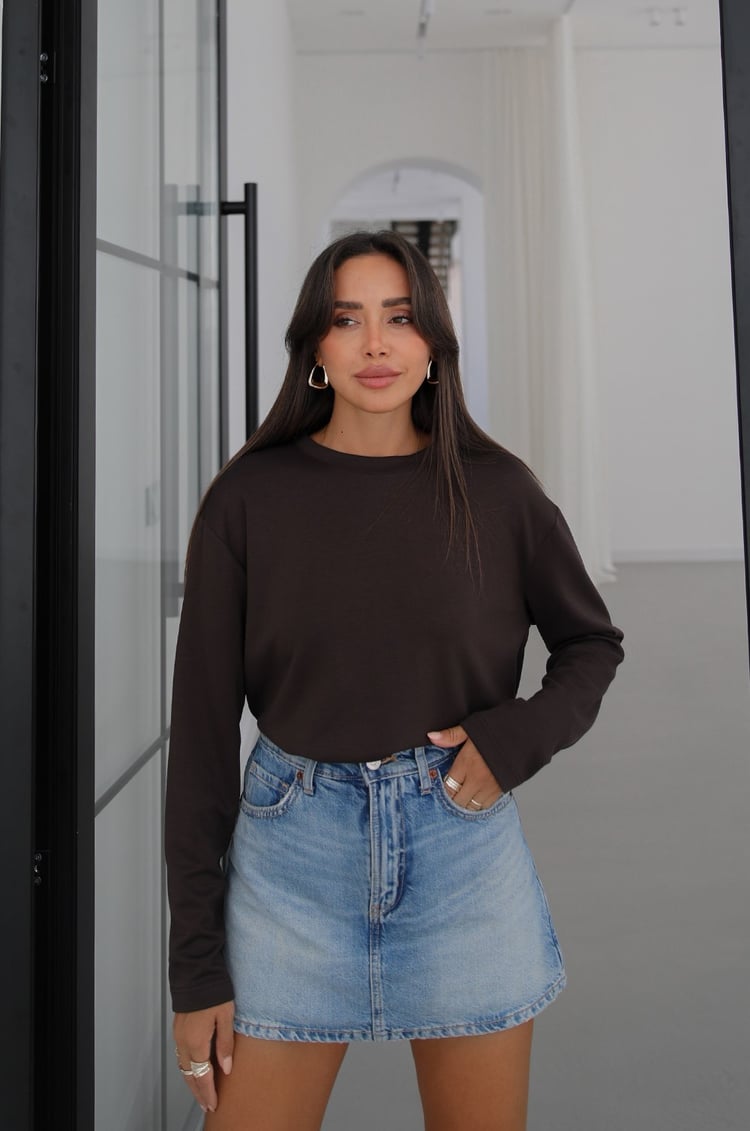 Kahverengi Tinta Bisiklet Yaka İnce Sweatshirt