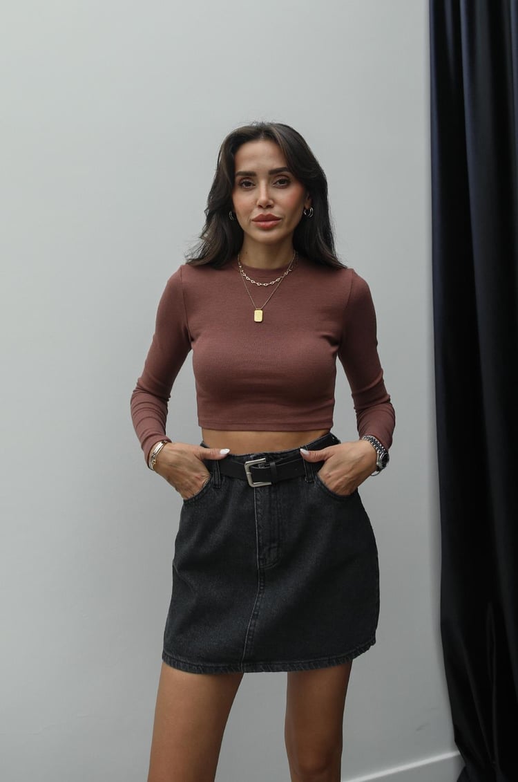 Kahverengi Uzun Kollu Crop Top
