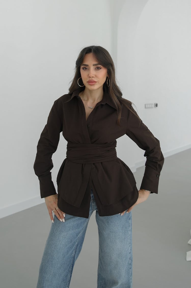 Kahverengi Wrap-Around Kuşaklı Gömlek
