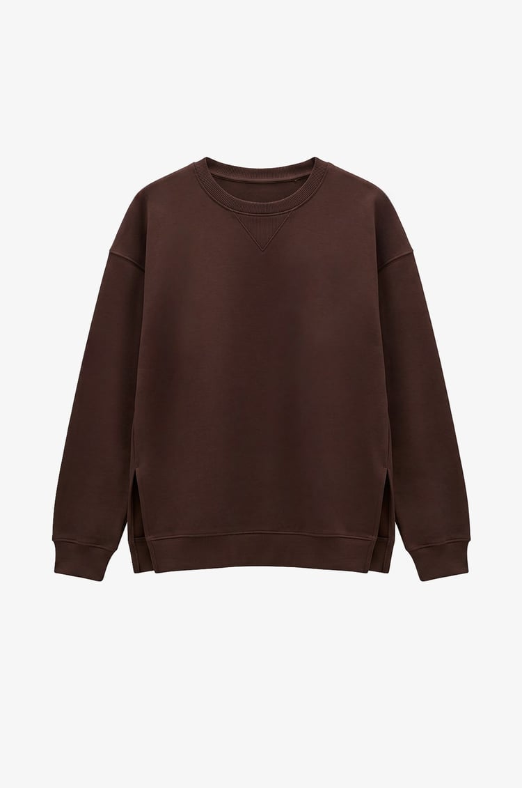 Kahverengi Yanları Yırtmaçlı Oversize Sweatshirt