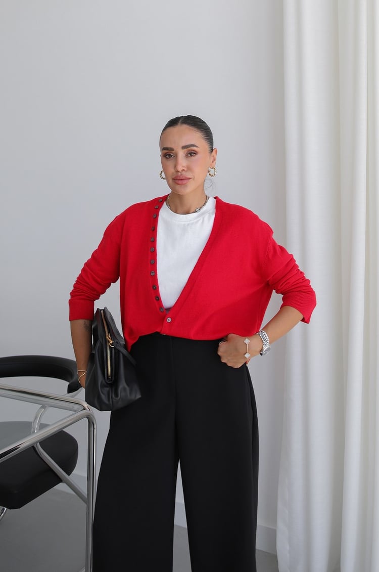 Kırmızı Asimetrik Çok Düğmeli Triko Hırka