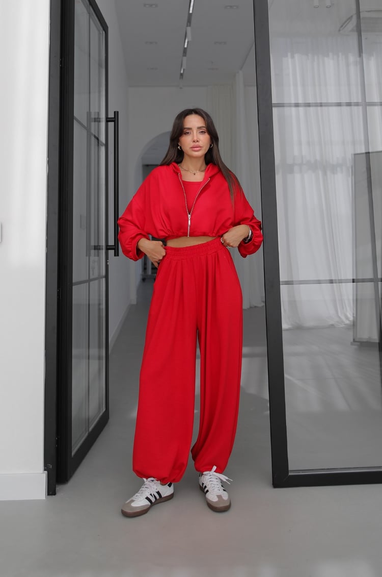Kırmızı İp Büzgülü Sweat Atlet Pantolon Takım