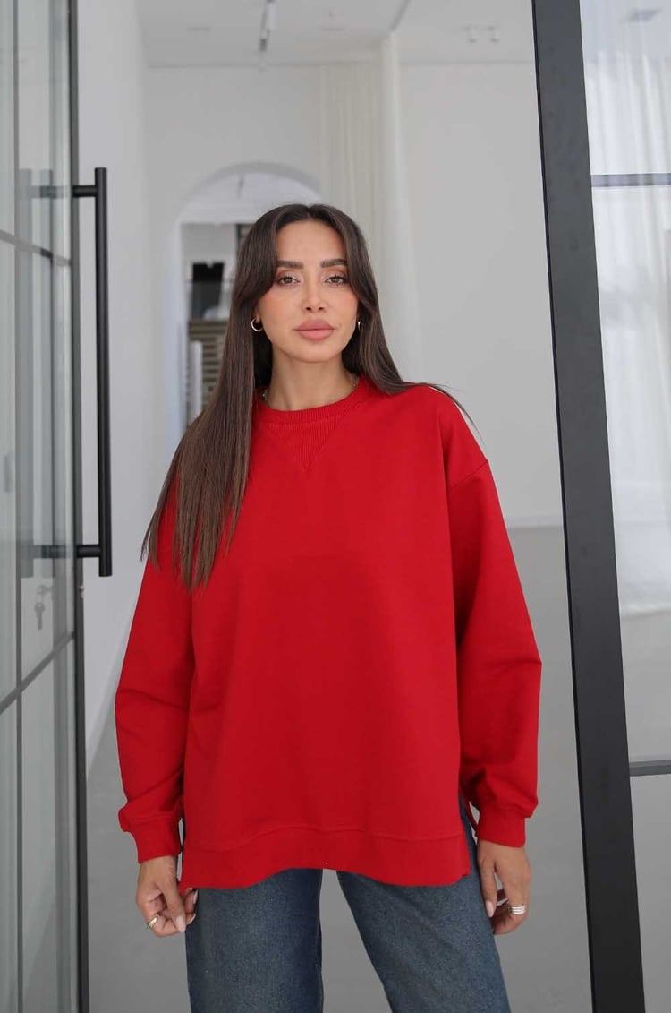Kırmızı Yanları Yırtmaçlı Oversize Sweatshirt