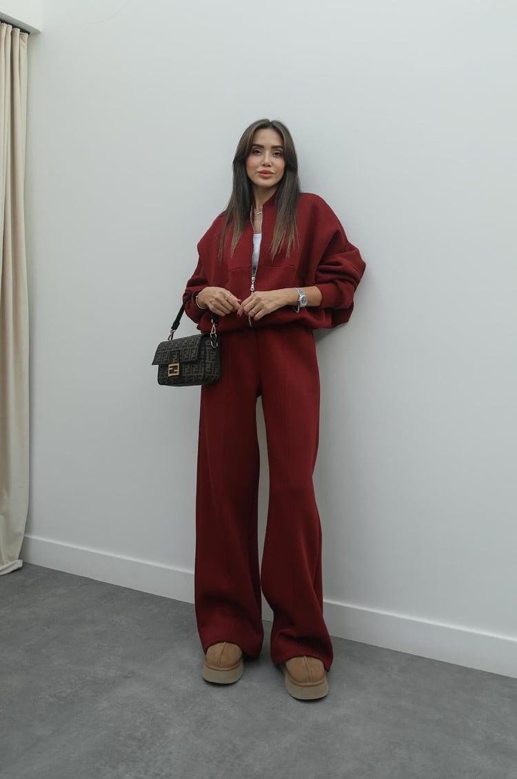 Koyu Bordo Önü Dikiş Detaylı Pantolon Sweat Takım