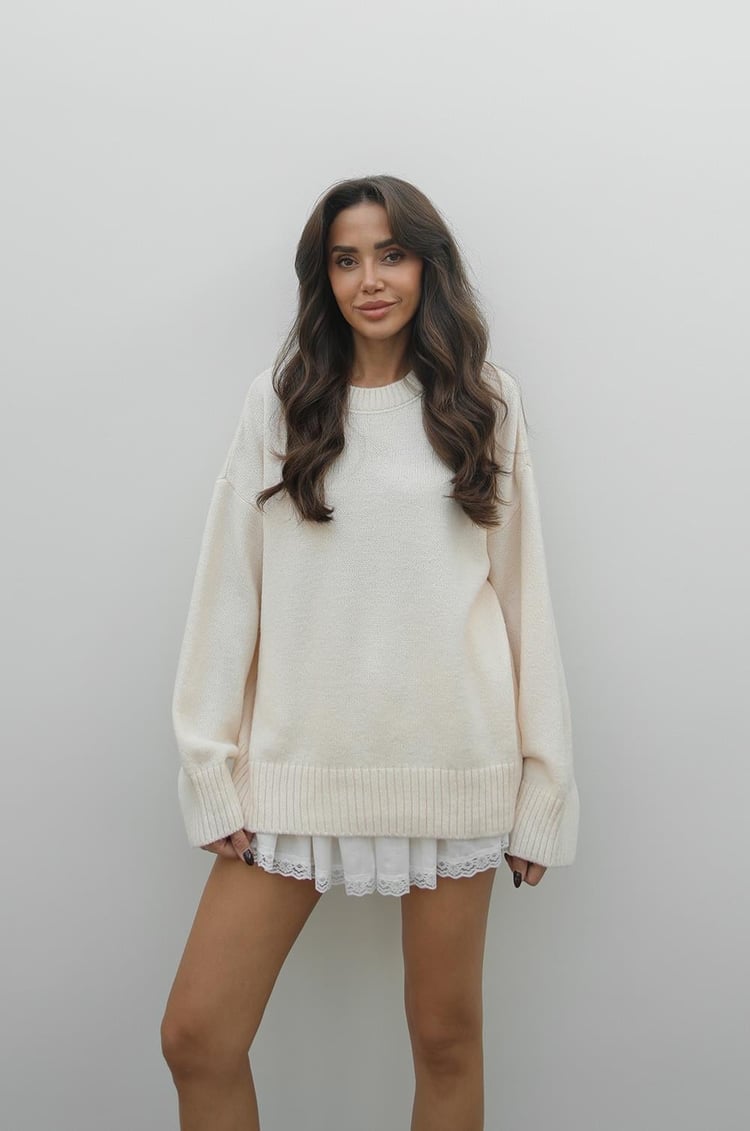 Krem Mary Bisiklet Yaka Oversize Triko Kazak
