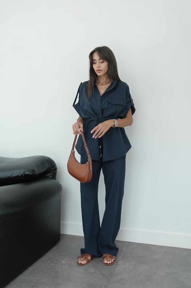 Lacivert Beli Büzgülü Bluz Pantolon Takım