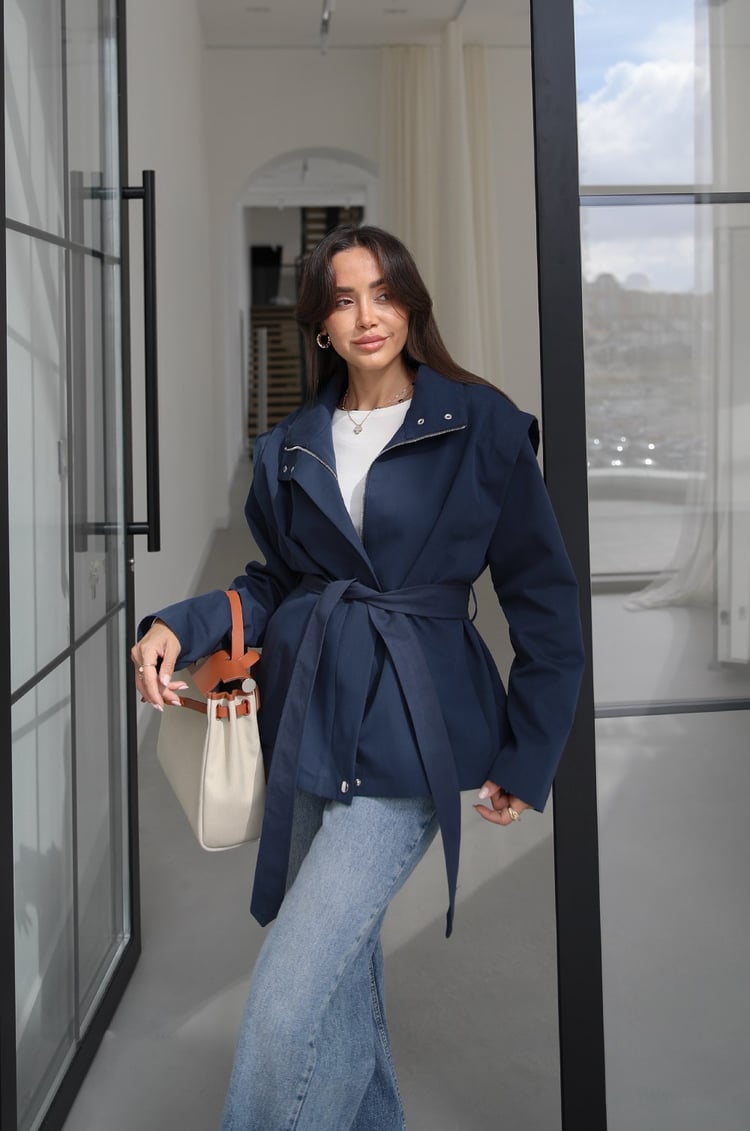 Lacivert Belted Fermuarlı Trençkot