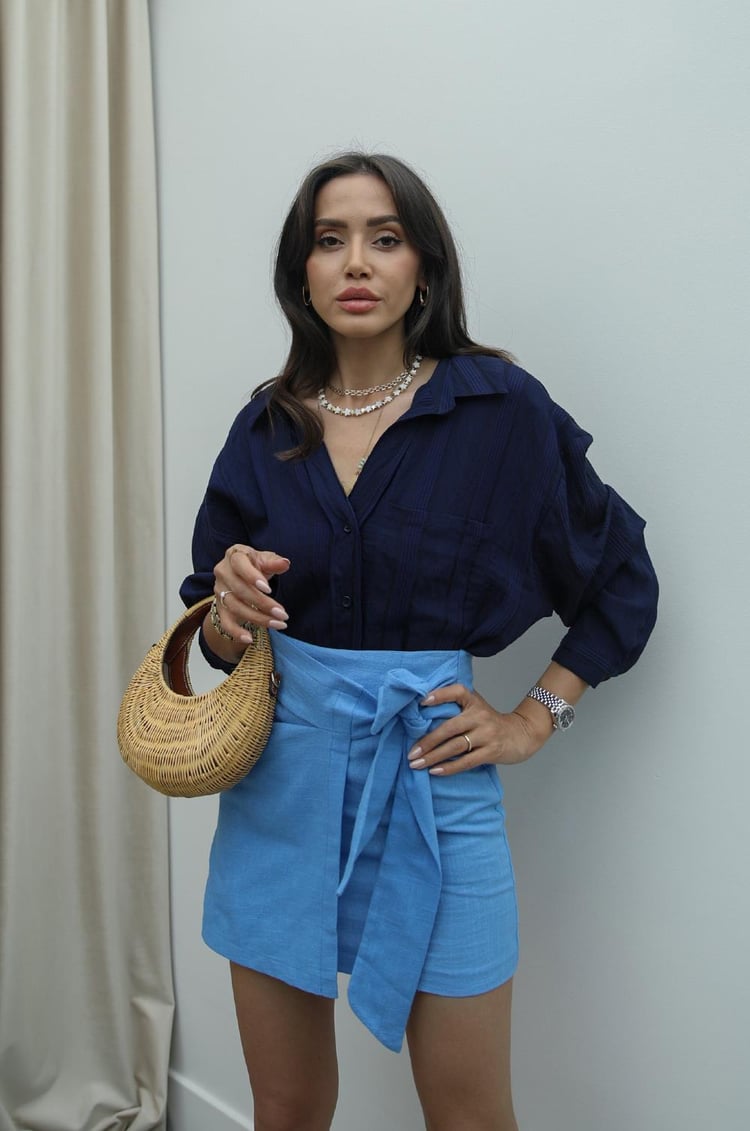 Lacivert Çizgi Detaylı Oversize Gömlek