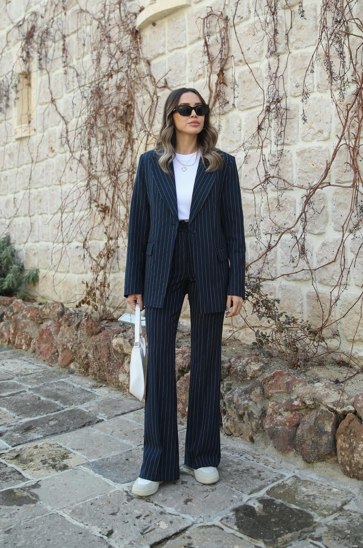 Lacivert Çizgili İspanyol Pantolon Blazer Premium Takım