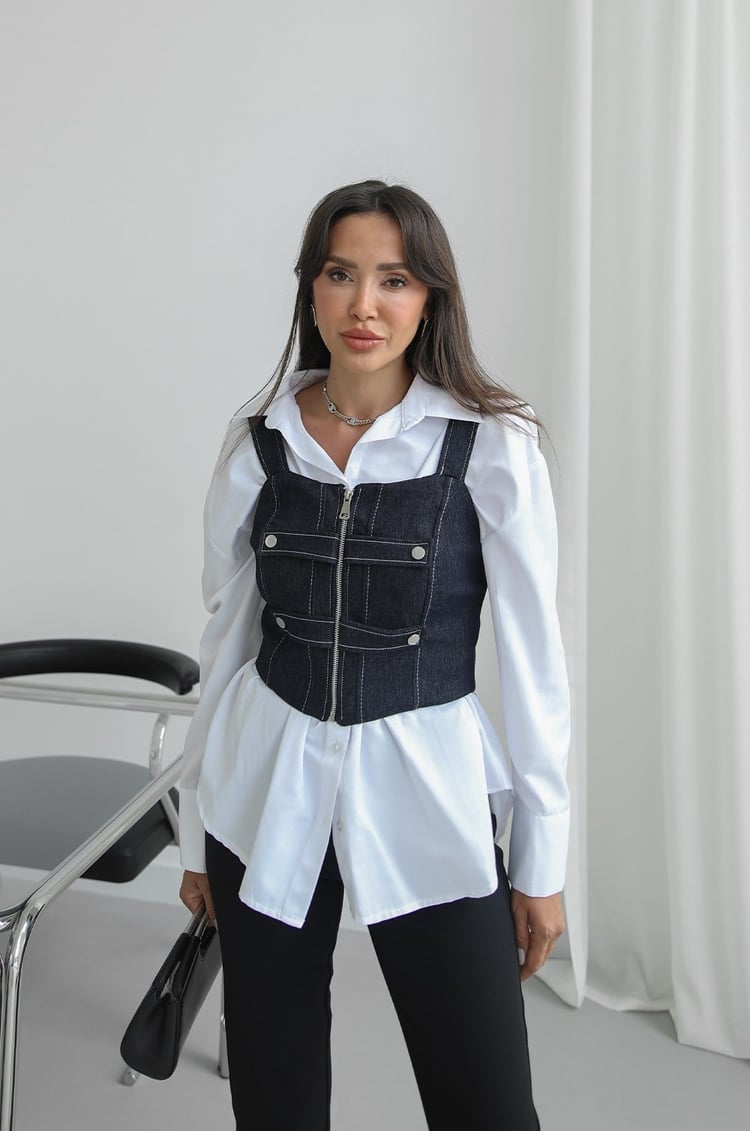 Lacivert Fermuar ve Çıtçıt Detaylı Denim Bluz