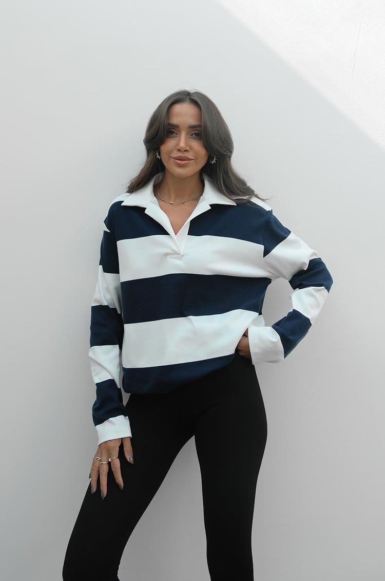 Lacivert Kalın Çizgili Polo Yaka Sweatshirt