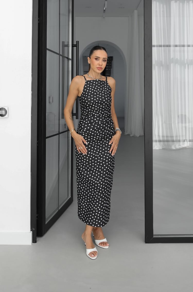Lacivert Levin Puantiyeli Denim Elbise