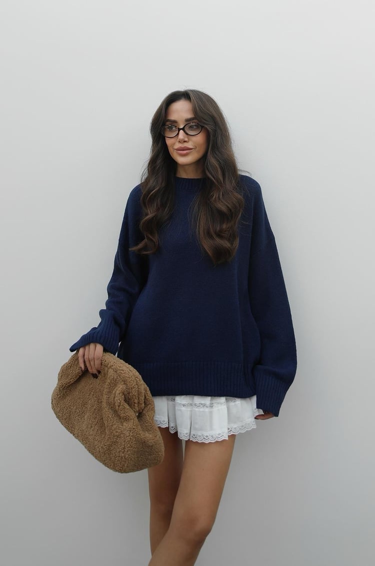 Lacivert Mary Bisiklet Yaka Oversize Triko Kazak