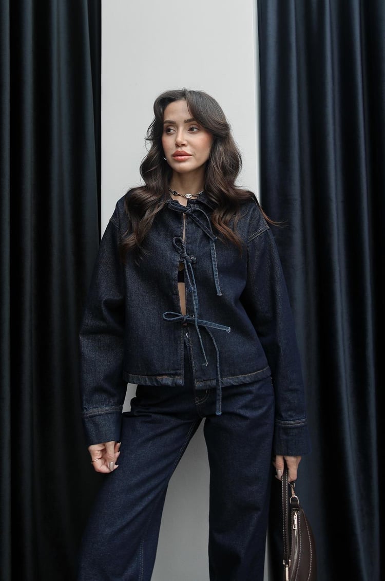 Lacivert Önü Bağlamalı Denim Bluz Ceket