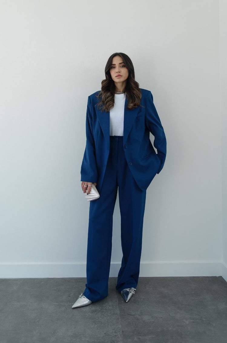 Lacivert Palazzo Pantolon Blazer Takım