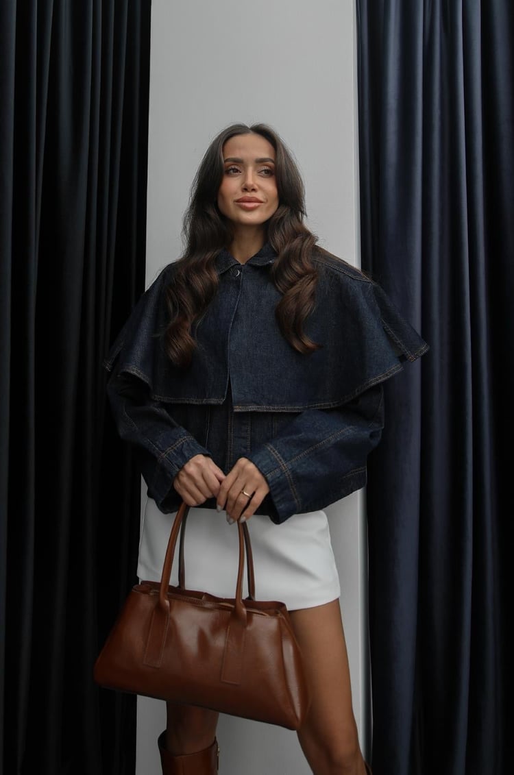 Lacivert Pelerin Detaylı Denim Ceket