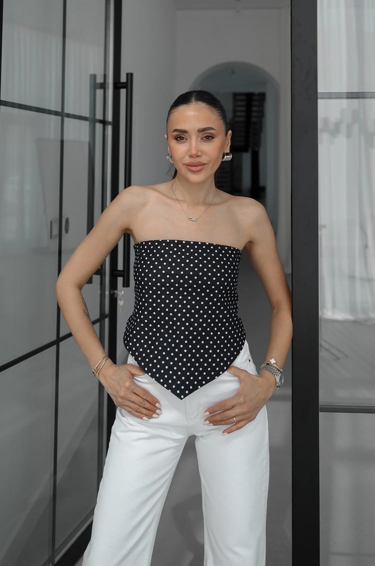 Lacivert Puantiye Desenli Straplez Denim Bluz