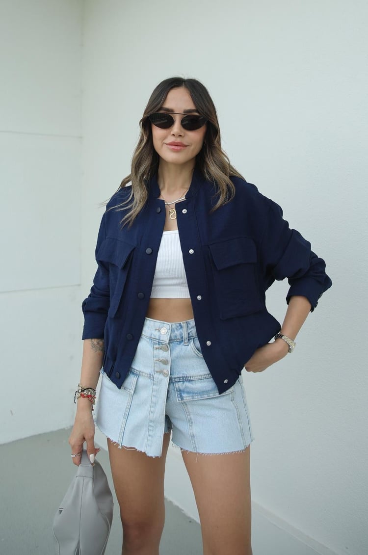 Lacivert Torba Cepli Keten Bomber Ceket