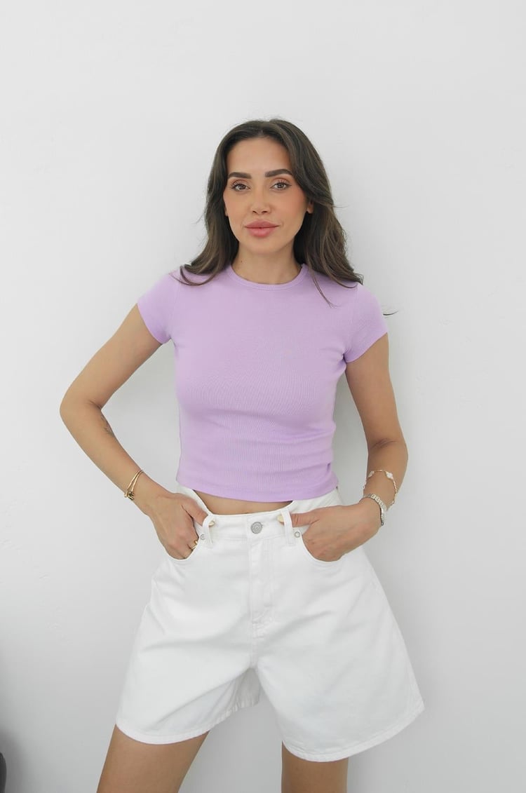 Lila Pena Bisiklet Yaka Fit Tişört