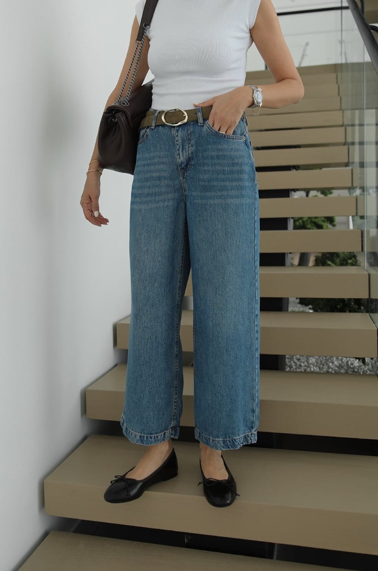 Mavi Ankle Length Kemerli Dökümlü Jean