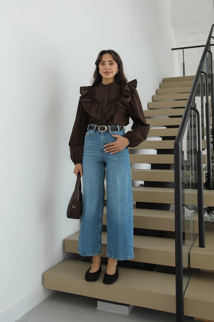 Mavi Culotte Yüksek Bel Kemerli Jean