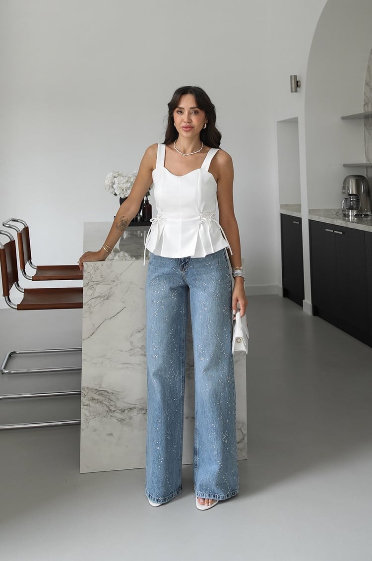Mavi Dağınık Taşlı Wide Leg Jean