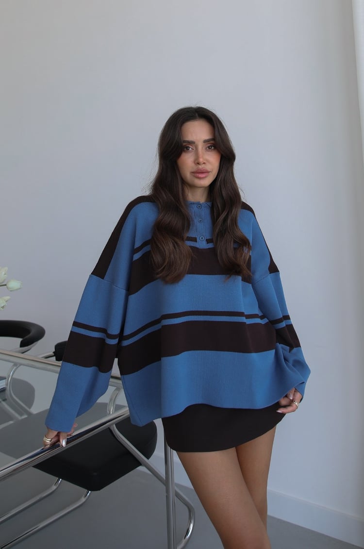 Mavi Kiva Çizgili Oversize Kazak