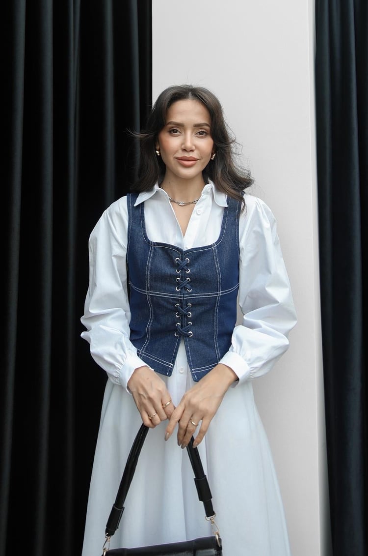 Mavi Kuşgözü Detaylı Denim Büstiyer Bluz