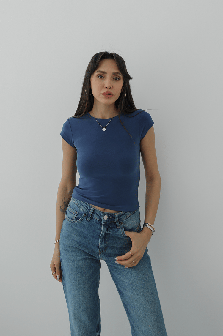 Mavi Raye Kısa Kollu Basic Bluz