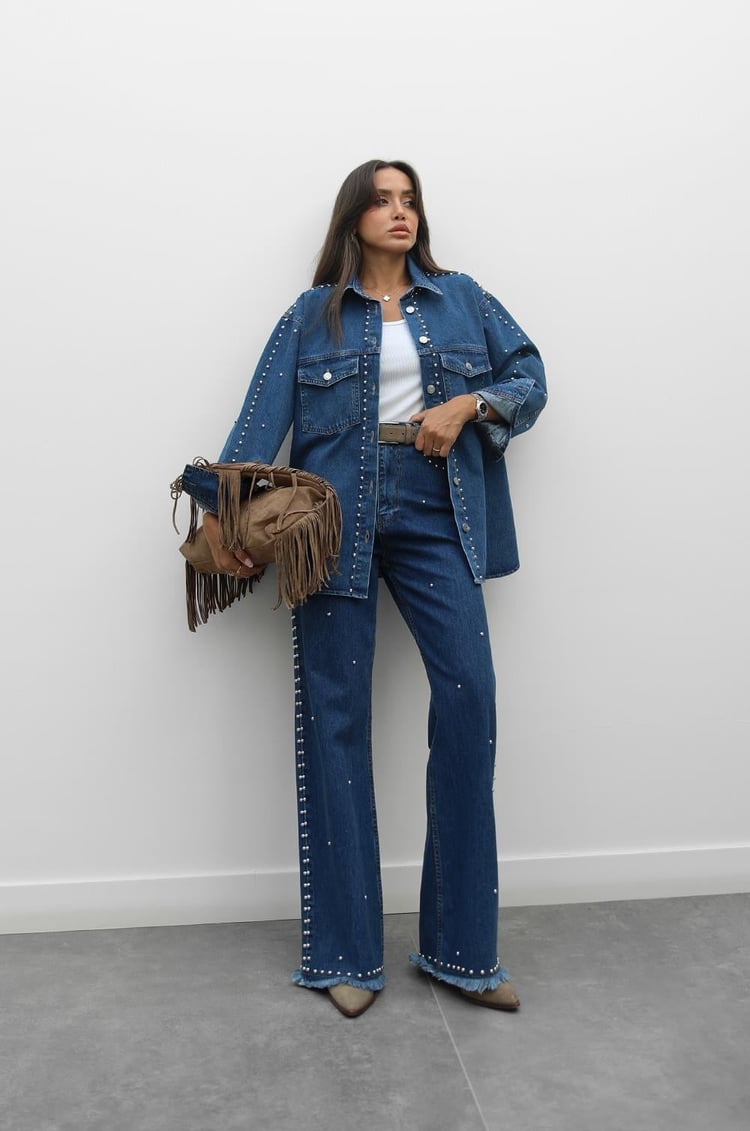 Mavi Zımba Detaylı Gömlek Pantolon Denim Takım