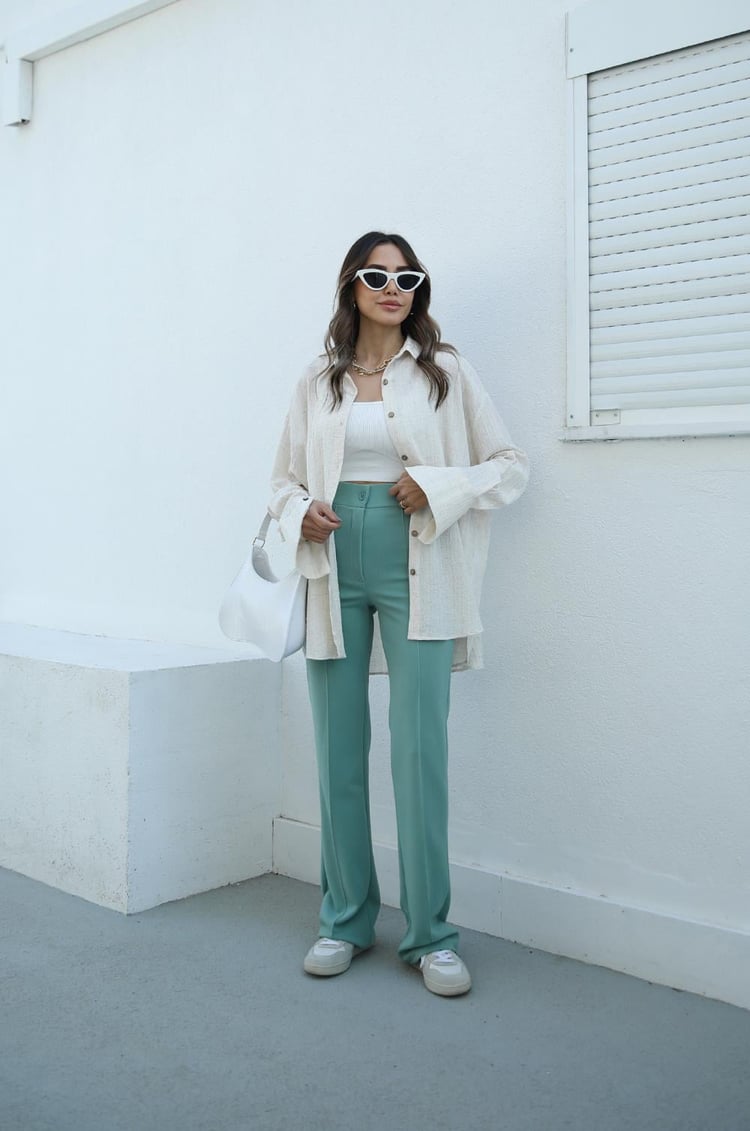 Mint Yeşili Biyeli Palazzo Pantolon